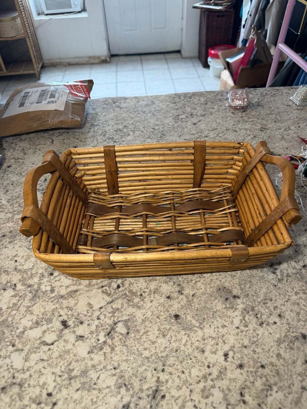 Unbranded Hand Woven Wicker Basket Brown With Wooden Handles